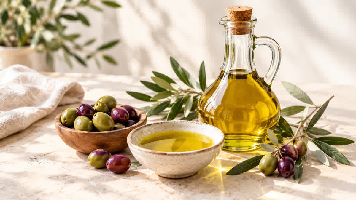 Extra virgin olive oil in a glass cruet with fresh olives and olive branches
