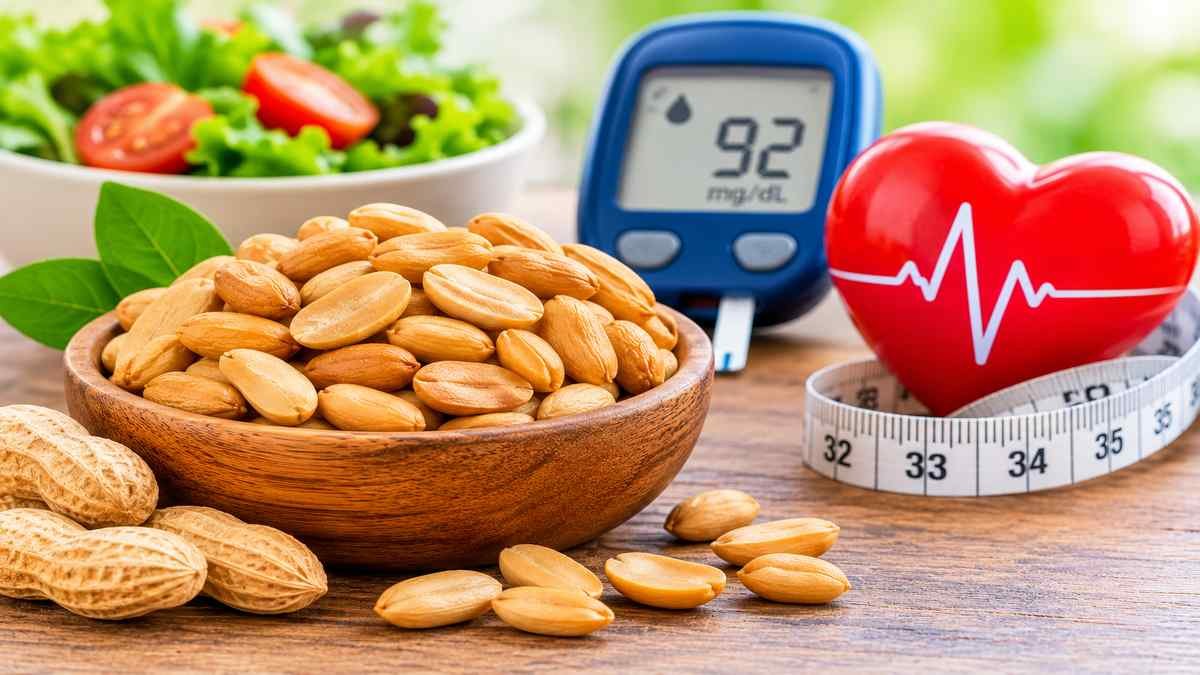 Bowl of roasted peanuts beside a blood glucose meter and red heart symbol, illustrating peanuts as a snack option for people with type 2 diabetes.