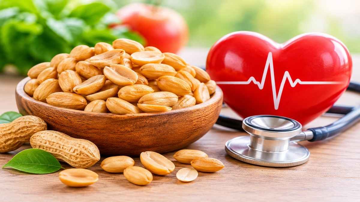 Bowl of peanuts with a red heart and stethoscope illustrating the potential heart health benefits of peanuts.