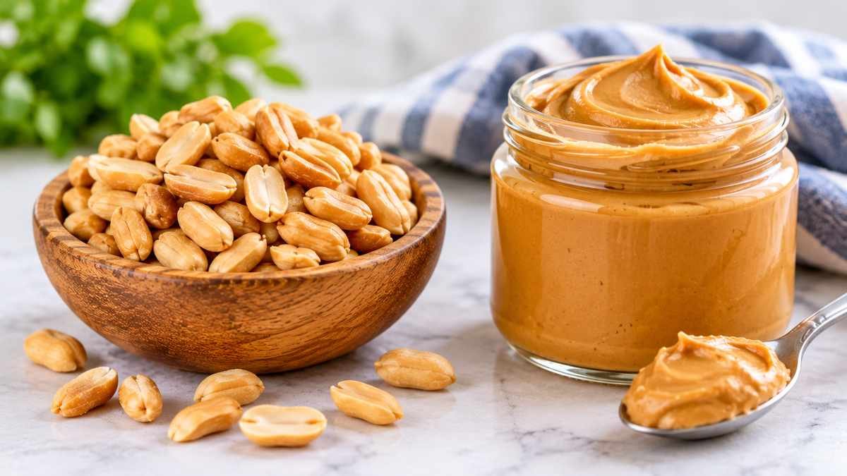 Whole roasted peanuts beside a bowl of creamy peanut butter for a nutrition comparison.