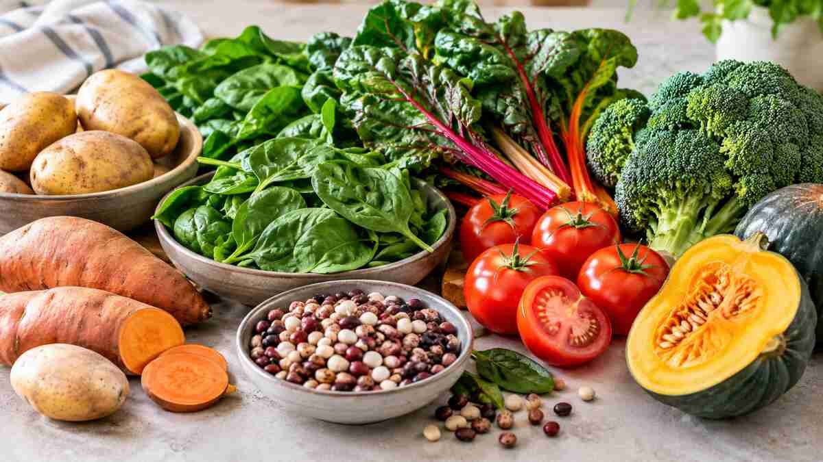 Potatoes, sweet potatoes, spinach, tomatoes, broccoli, and other vegetables that provide dietary potassium.