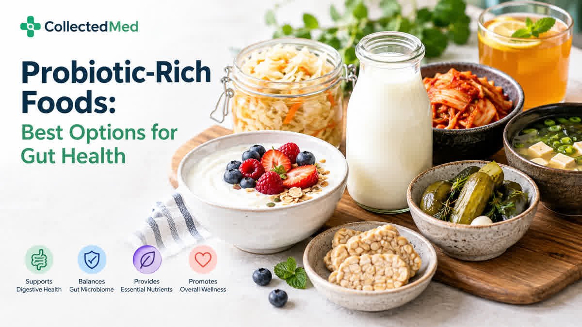 Assortment of probiotic-rich foods including yogurt, kefir, kimchi, sauerkraut, fermented pickles, and tempeh.
