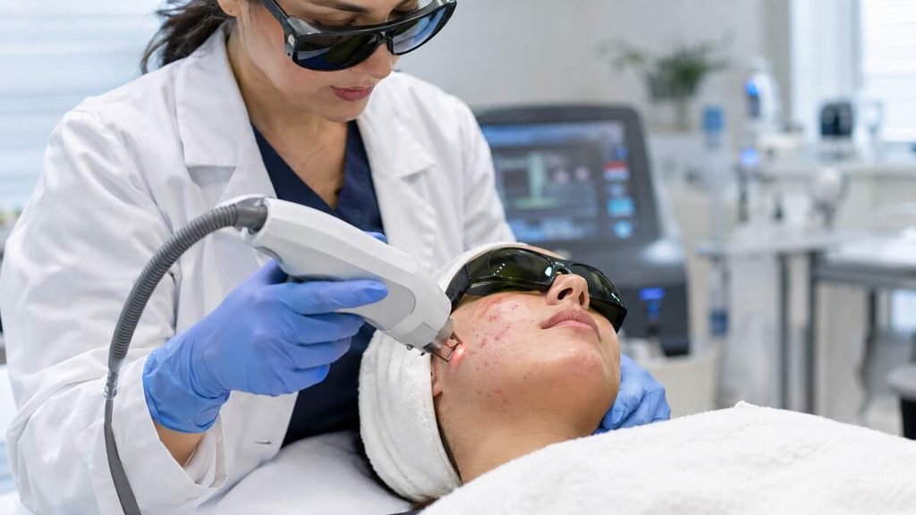 Dermatologist performing laser acne treatment on a patient in a clinic — professional acne procedures explained.