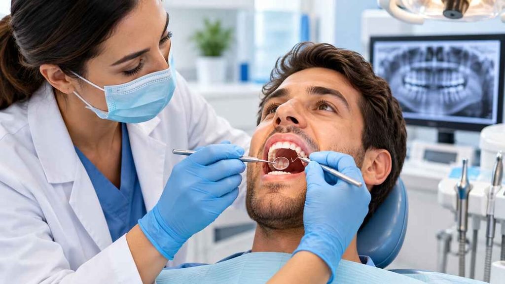 Dentist examining teeth and gums for oral health problems associated with bad breath
