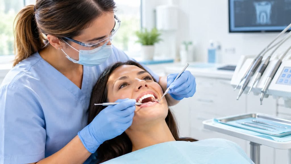 Dentist providing professional dental cleaning to a patient in a modern dental clinic.