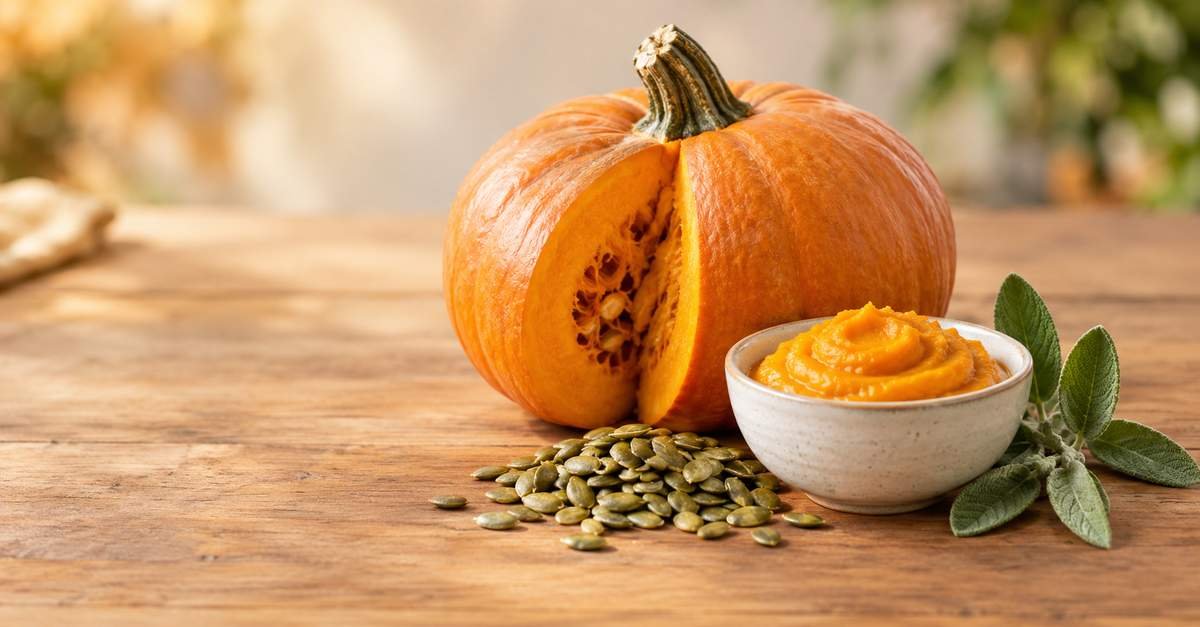 Bright orange pumpkin halves and seeds next to a bowl of pure pumpkin puree on a clean wooden surface, highlighting pumpkin nutrition and health benefits
