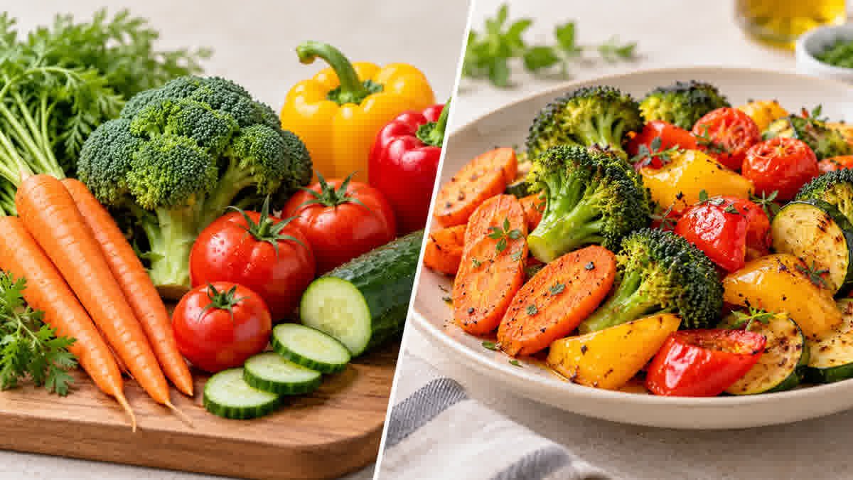 Raw and cooked vegetables compared side by side, including carrots, broccoli, tomatoes, and bell peppers.