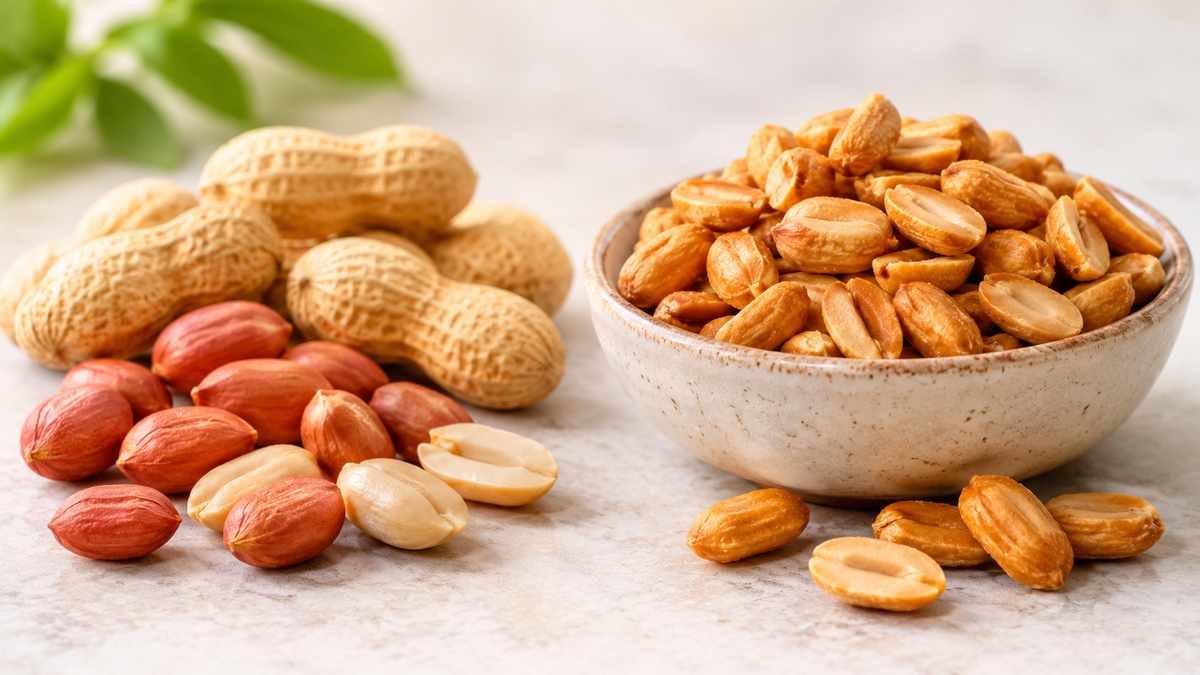 Raw peanuts beside golden-brown roasted peanuts on a light background.
