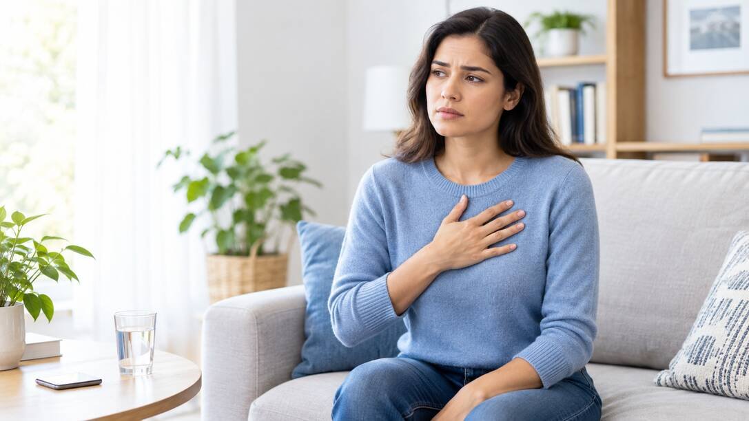 Adult experiencing mild chest discomfort while sitting at home