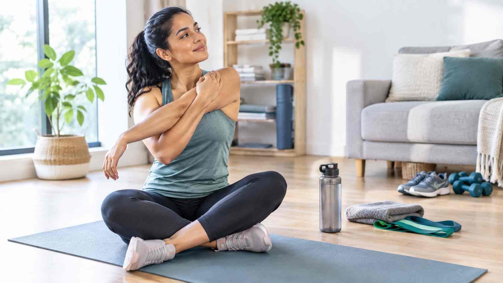 Adult taking a recovery day with gentle stretching after regular exercise