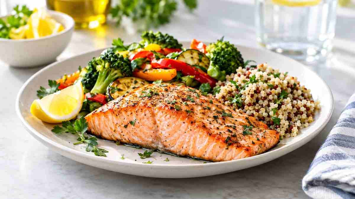 Cooked salmon served with vegetables as part of a balanced meal