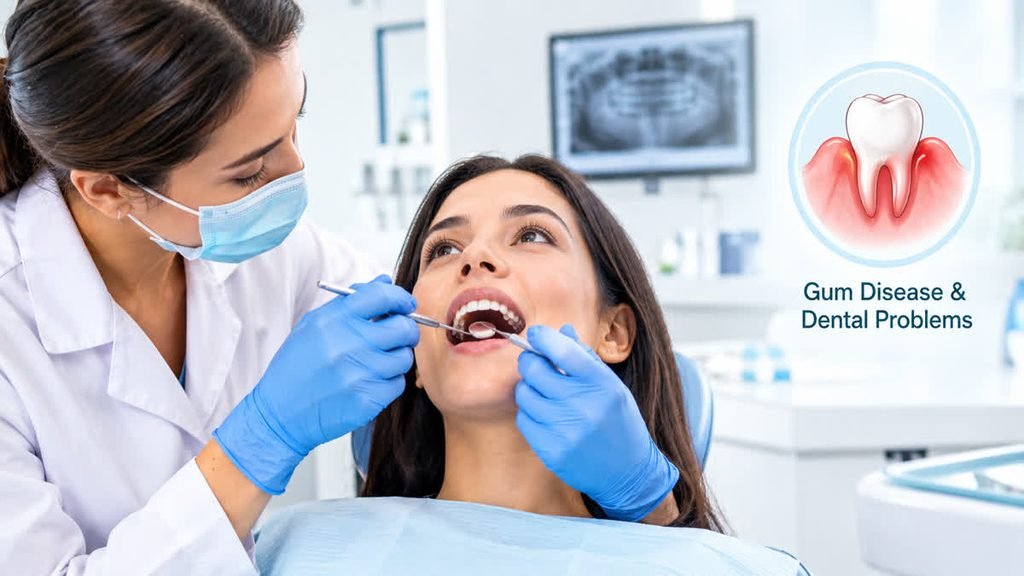 Dentist examining teeth and gums for oral health problems associated with bad breath