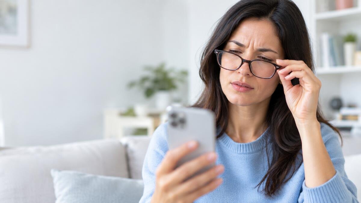 Adult experiencing blurred vision while trying to focus on a nearby object