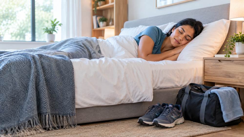 Adult sleeping in a bedroom as part of an exercise recovery routine