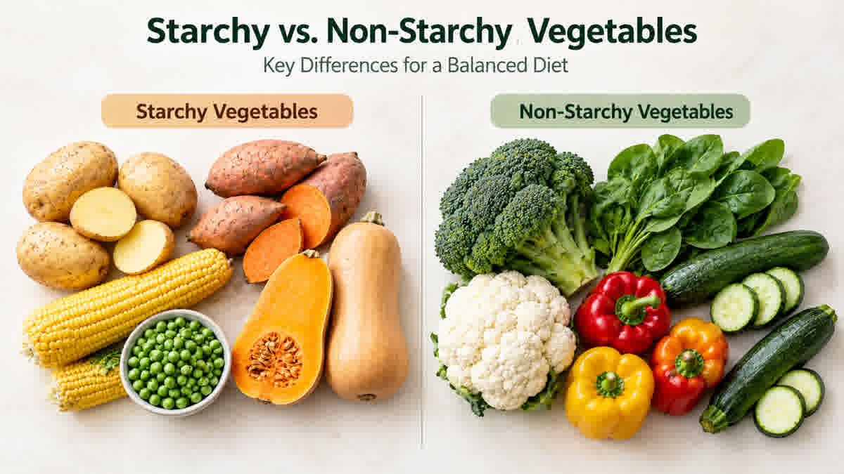 Starchy vegetables such as potatoes, corn, and peas compared with non-starchy vegetables such as broccoli, spinach, and cucumber
