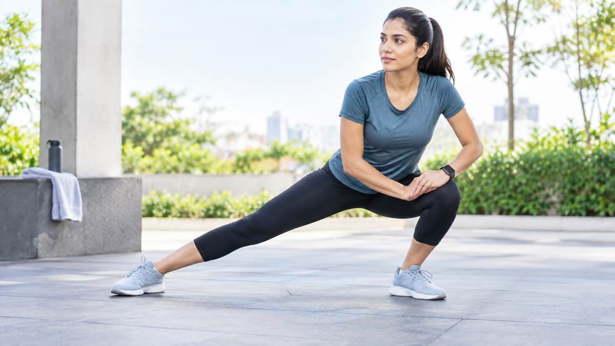 Adult performing a dynamic stretch before exercise