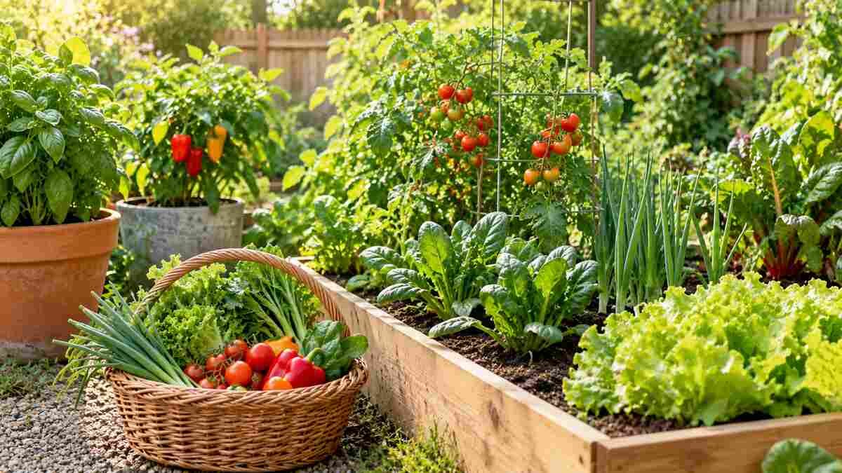 A small home vegetable garden with leafy greens, tomato plants, and freshly harvested vegetables.