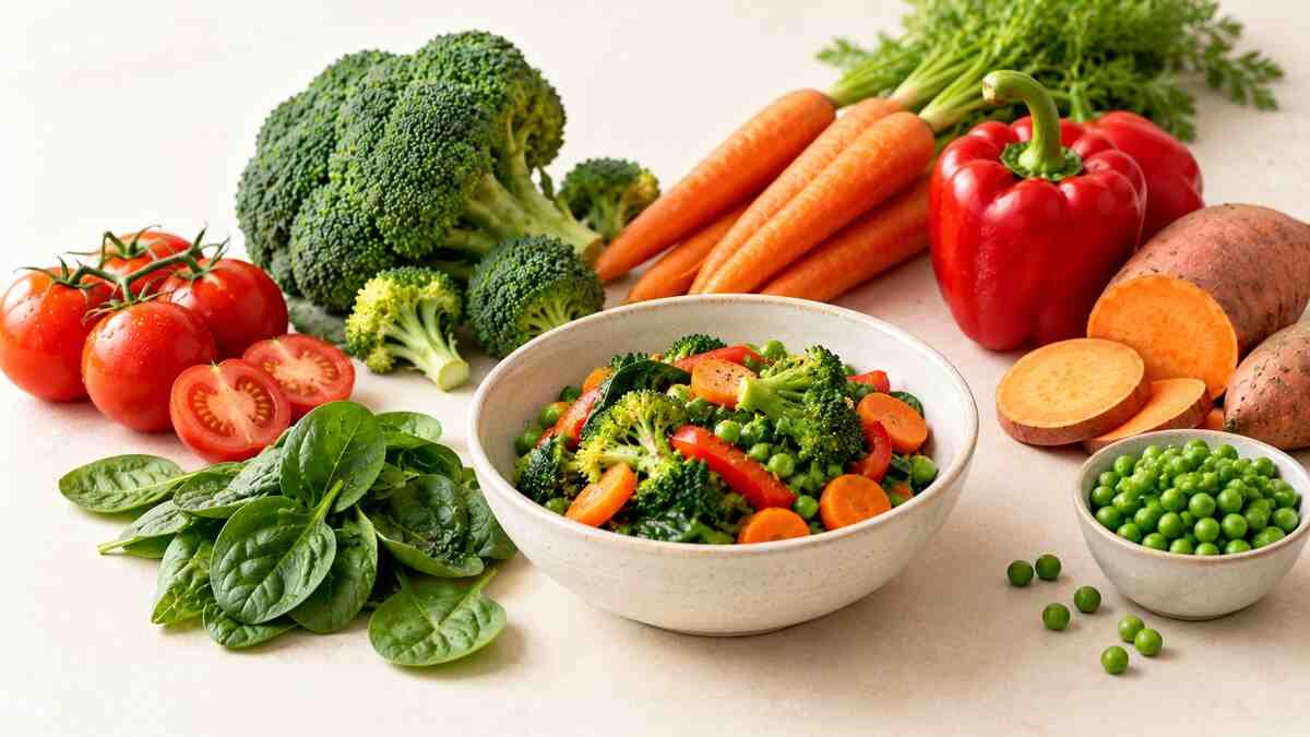 Fresh spinach, broccoli, carrots, tomatoes, bell peppers, peas, and sweet potatoes arranged on a light background.