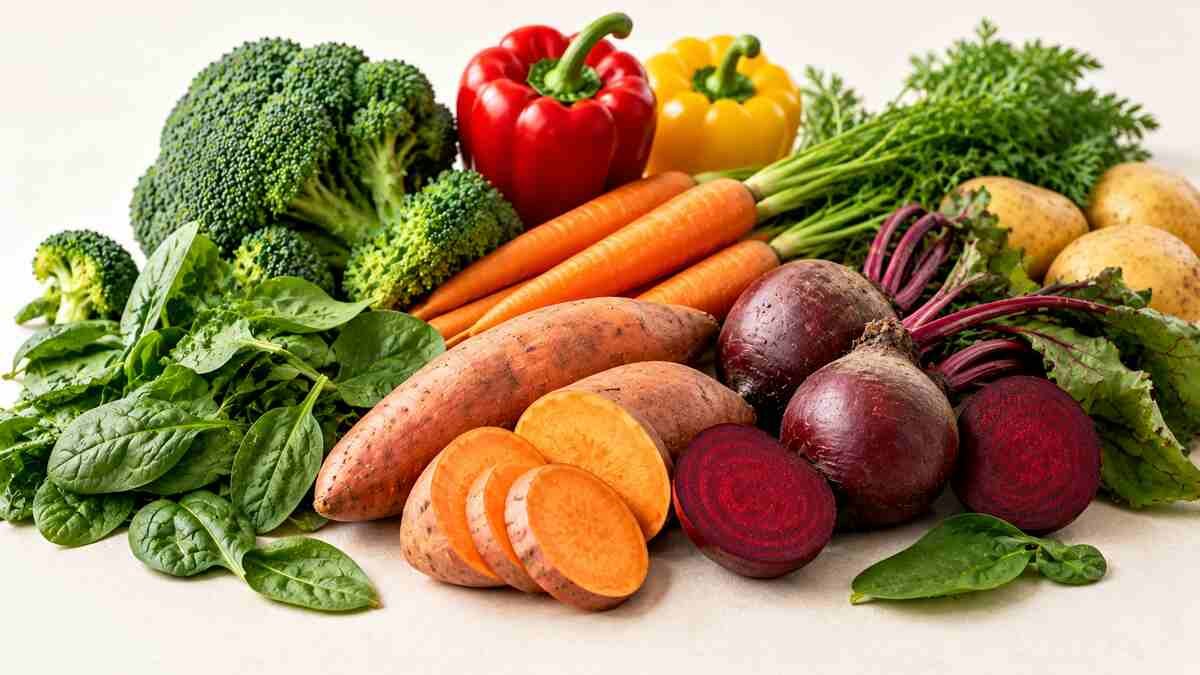 Sweet potatoes, beets, spinach, broccoli, carrots, and bell peppers for exercise energy and recovery.