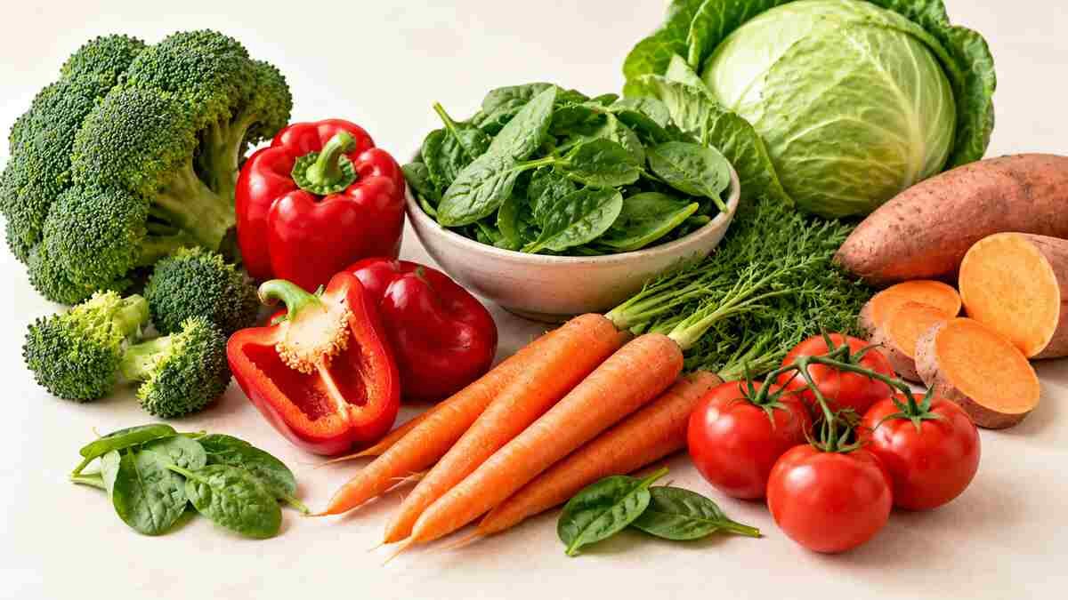 A colorful selection of leafy greens, broccoli, carrots, tomatoes, bell peppers, cabbage, and sweet potatoes.