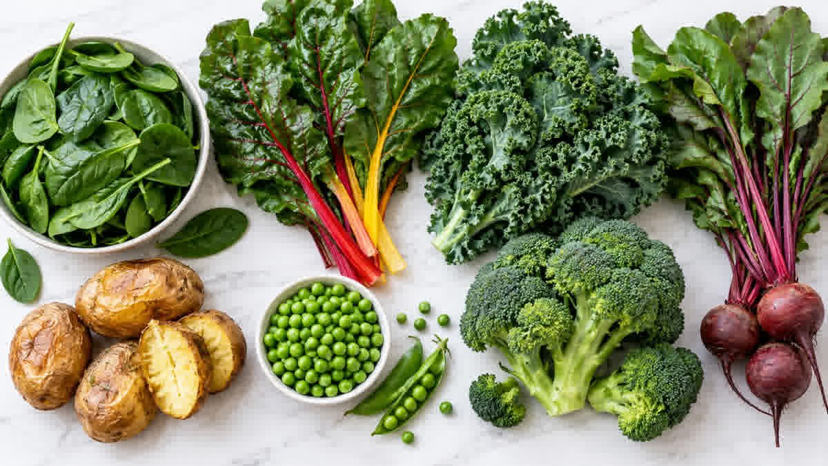 Iron-rich vegetables including spinach, kale, Swiss chard, green peas, and broccoli