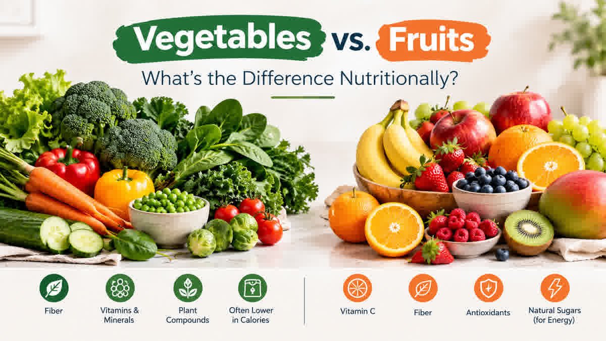 Fresh vegetables and fruits compared for their nutritional benefits, including fiber, vitamins, minerals, and antioxidants.