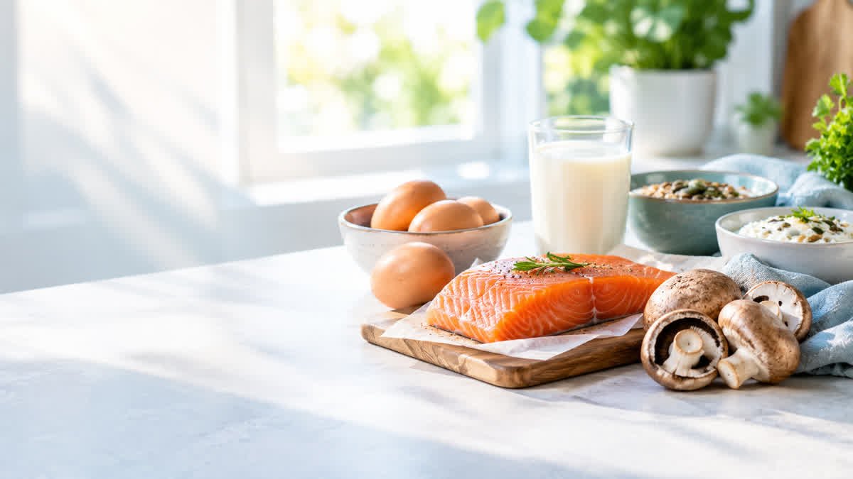 Vitamin D food sources including salmon, eggs, fortified milk, and mushrooms