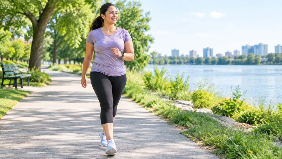 Adult briskly walking outdoors as part of a weight management routine