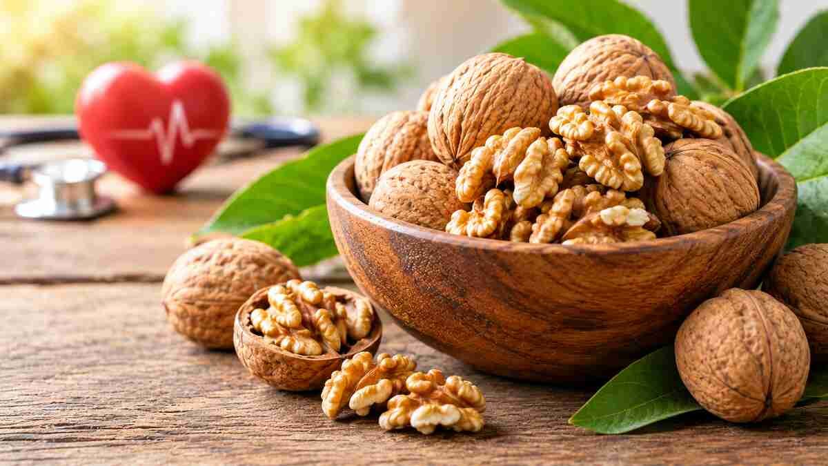 Fresh whole walnuts and walnut halves in a rustic wooden bowl, highlighting their nutrients that may support heart health.