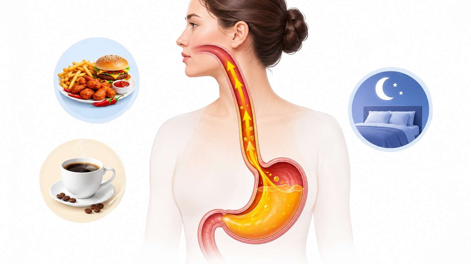 Illustration showing stomach acid flowing back into the esophagus, representing common acid reflux triggers.
