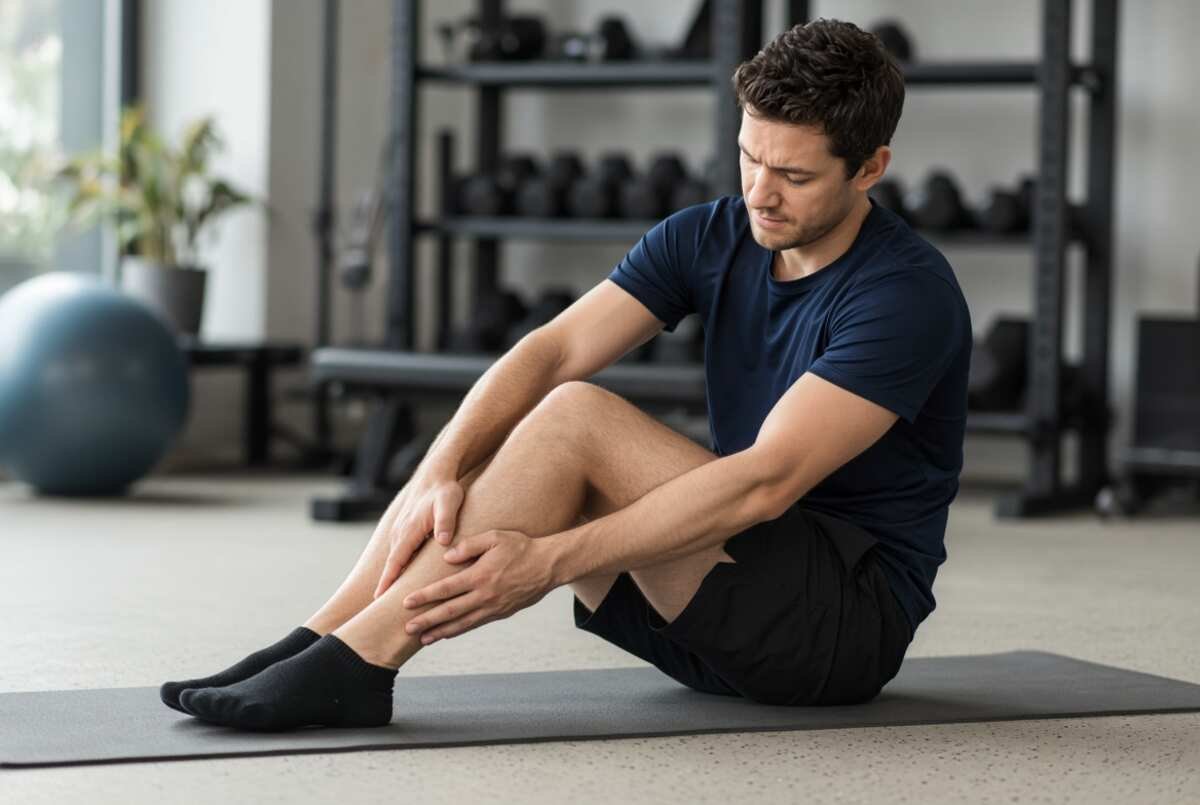 Athlete holding an ankle after an awkward landing while learning about ankle sprain causes and prevention.
