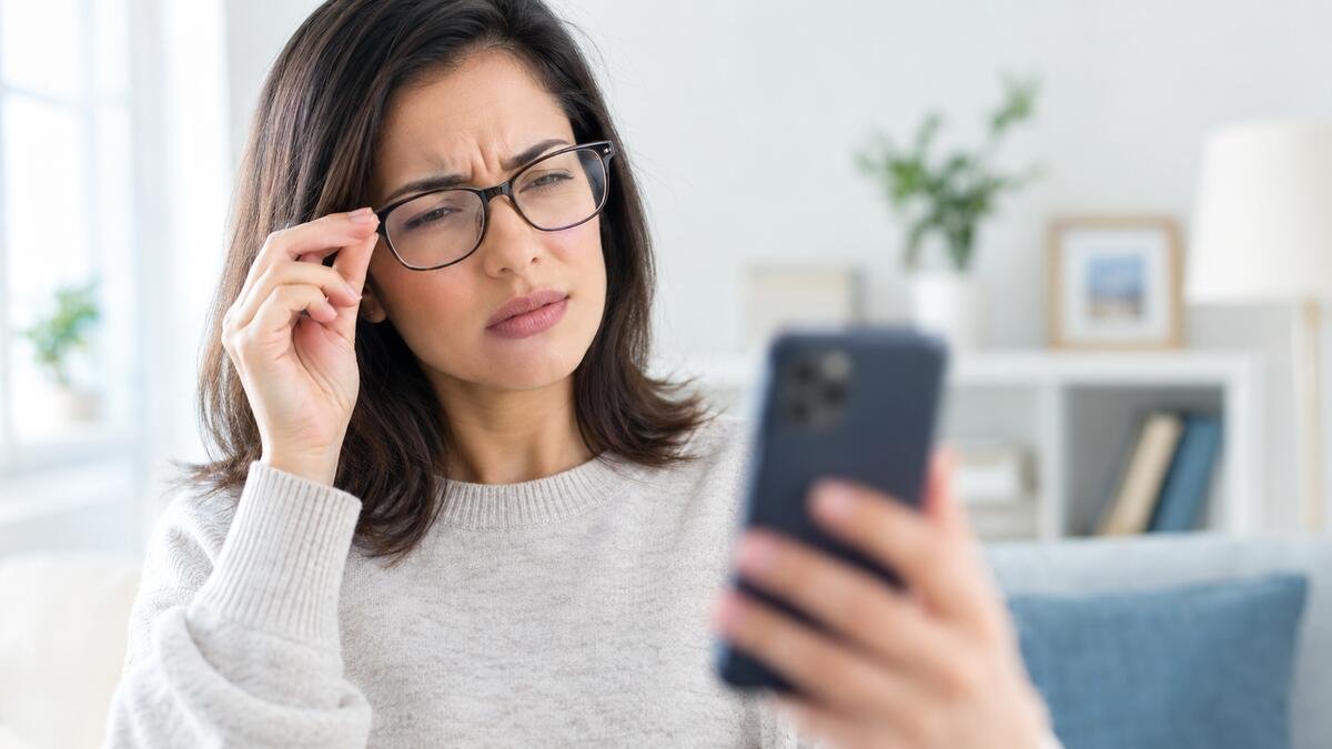 Adult experiencing blurred vision while trying to focus on a nearby object