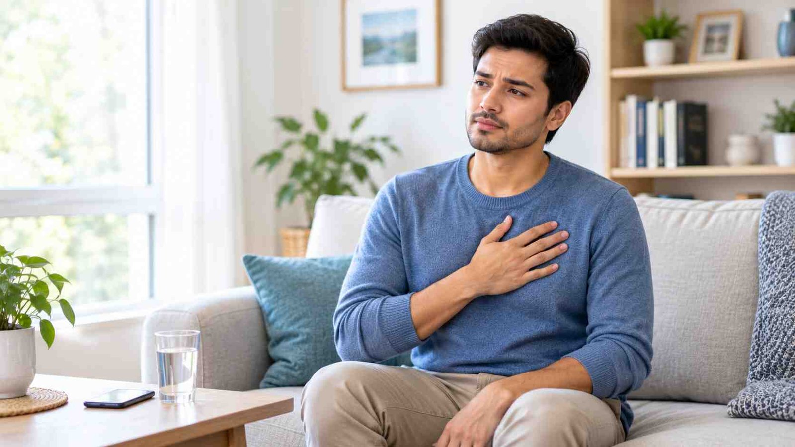 Adult experiencing chest discomfort while learning about different types of chest pain