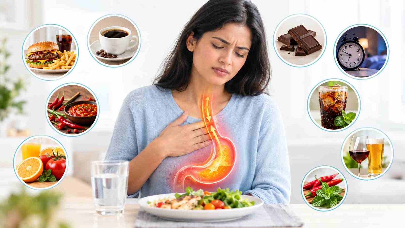 Adult experiencing mild acid reflux symptoms after eating, with subtle digestive system illustration