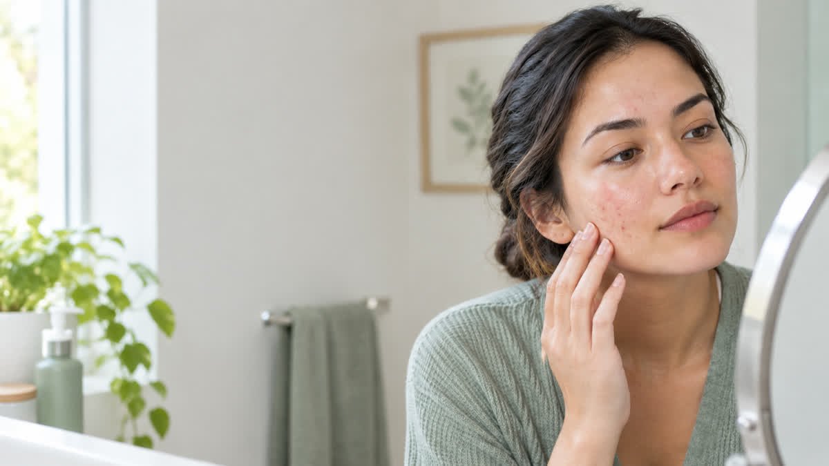 Young adult examining acne-prone skin in a mirror