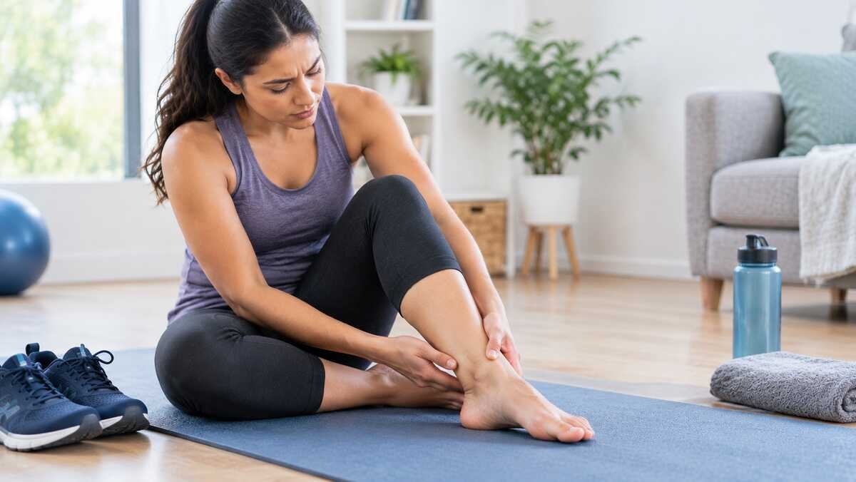 Adult supporting an injured ankle while resting after an ankle sprain.