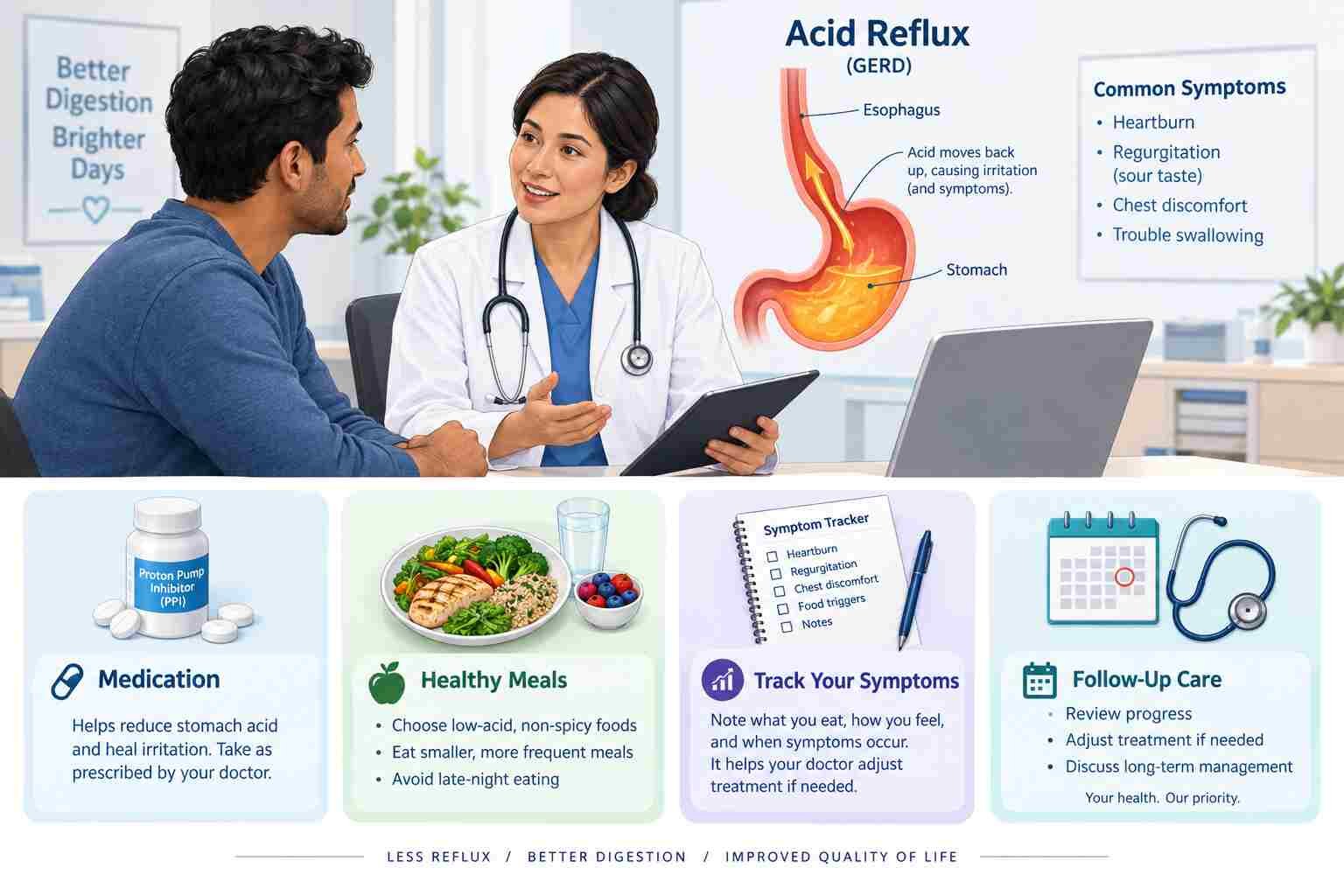 Patient discussing an acid reflux diagnosis, treatment plan, lifestyle changes, and follow-up care with a healthcare professional.
