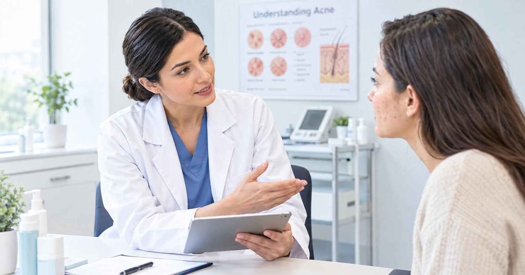 Dermatologist evaluating acne and discussing appropriate treatment options.