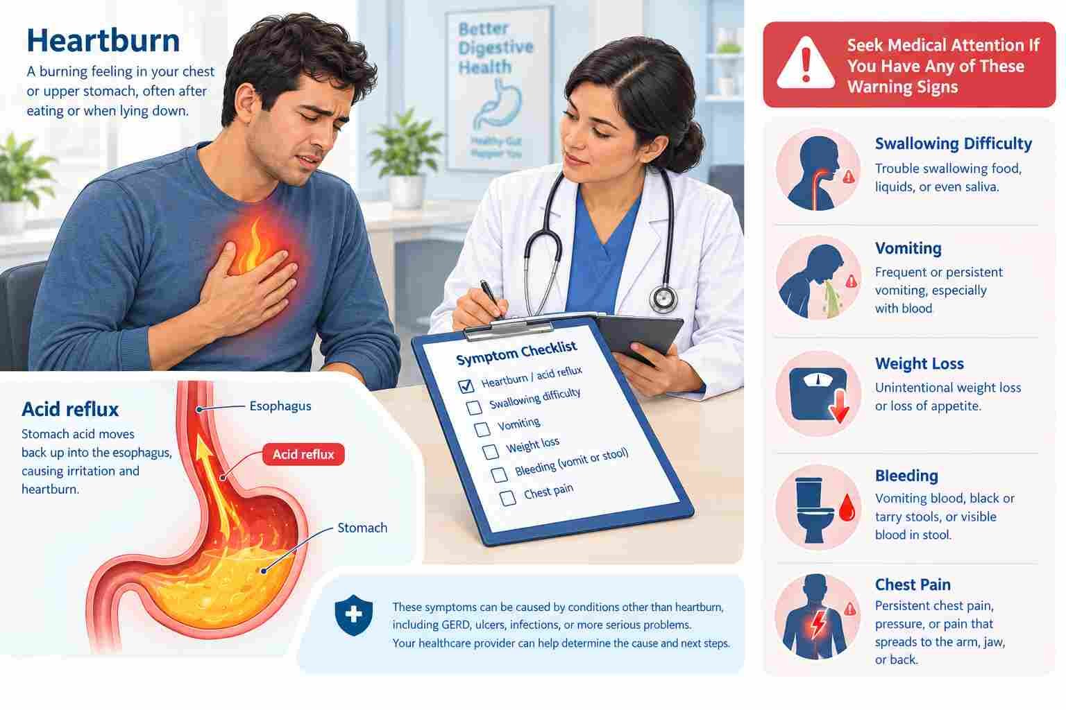 Medical illustration showing warning signs of acid reflux that may require evaluation by a doctor