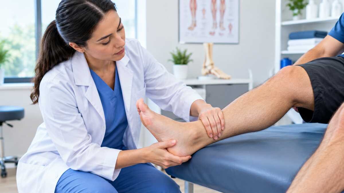 Healthcare professional examining an adult’s injured ankle for signs of a sprain.